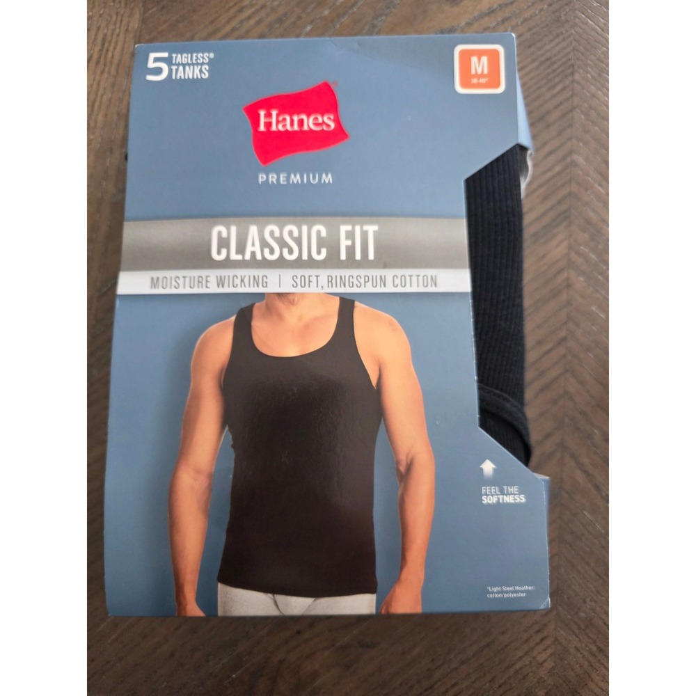 Hanes Premium Mens Comfort Tank Top Undershirt 5pk Black Gray M Tagless Ribbed